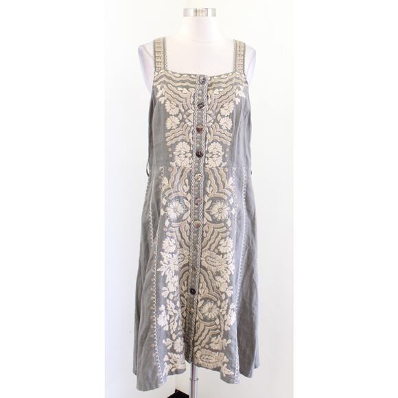 Johnny Was Green Ornate Floral Embroidered Button Front Tie Waist Linen Dress S - Picture 6 of 8